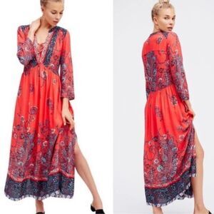 Free People Red and Blue Long Sleeve Dress